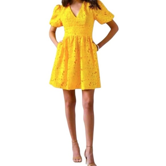 Prabal Gurung Dresses & Skirts - Prabal Gurung For JCPenney Yellow Puff Sleeve V-Neck Floral Party Dress Size 4